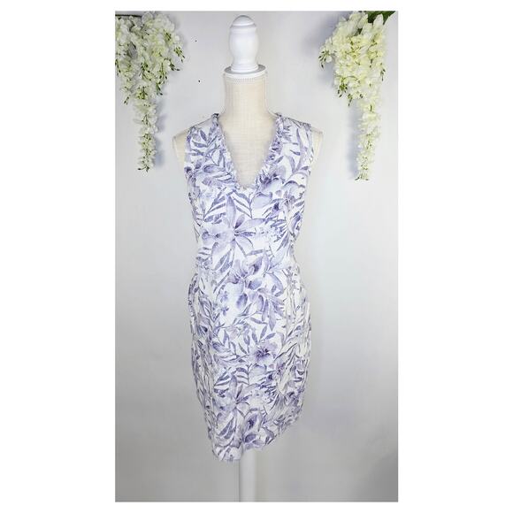 Tommy Bahama Two Palms Linen Dress Large Purple Floral V-Neck Ruffle Tropical - Picture 2 of 13